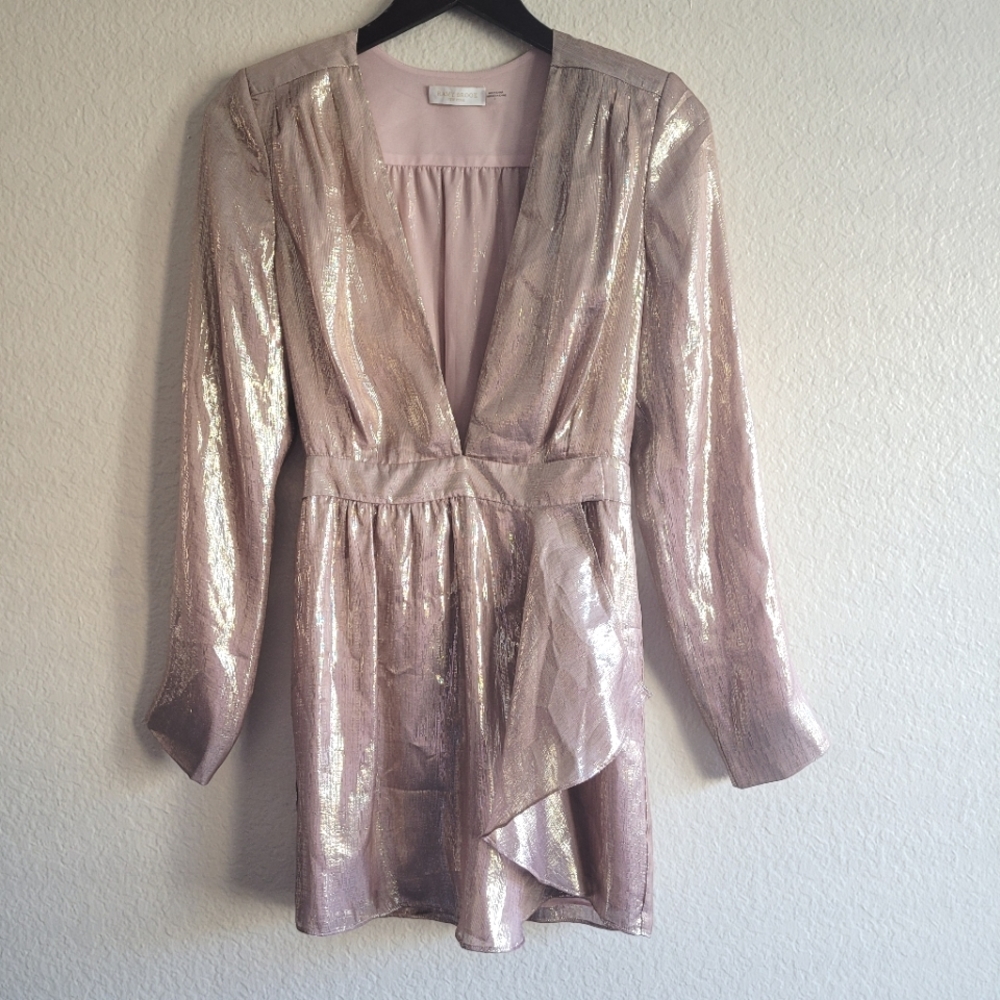 Ramy Brook metallic rose gold plunge V neck mini cocktail dress size 2